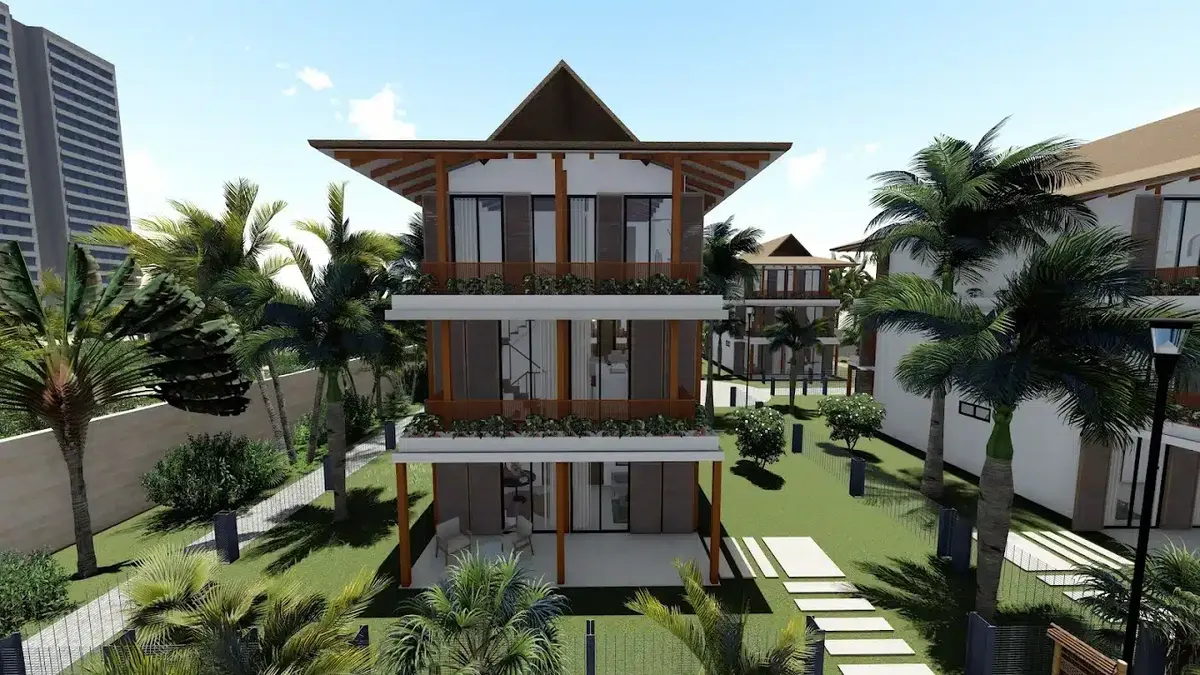 Render of a three-storey Kijipwa villa with timber balconies and a pitched roof